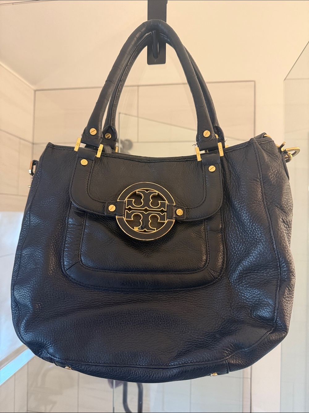 Tory Burch Black Leather Shoulder Tote with Gold Logo Medallion